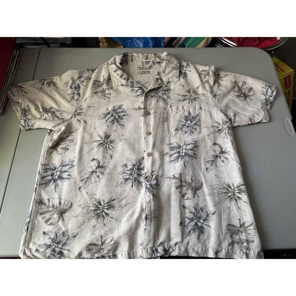 Batik Bay Men's Washable 100Silk Hawaiian Shirt XXL Button Beige & Blue Tropical
